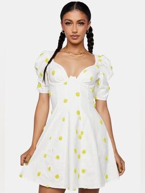 For Love And Lemons Claude White and Yellow Polka Dot Dress NWT